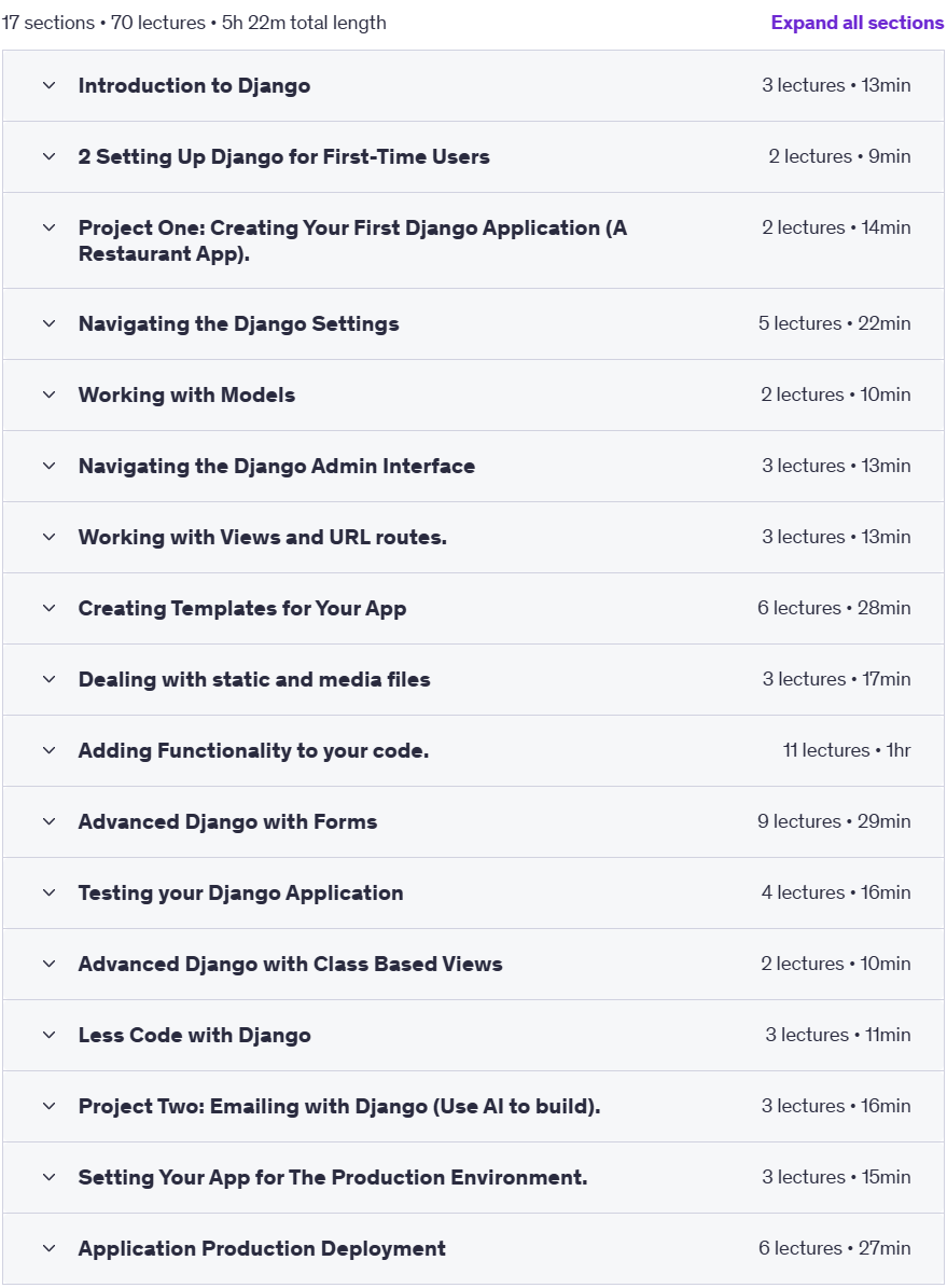 Course topics · Udemy — Django Mastery 2025: Build AI-Powered Apps Like a Pro 2025-2