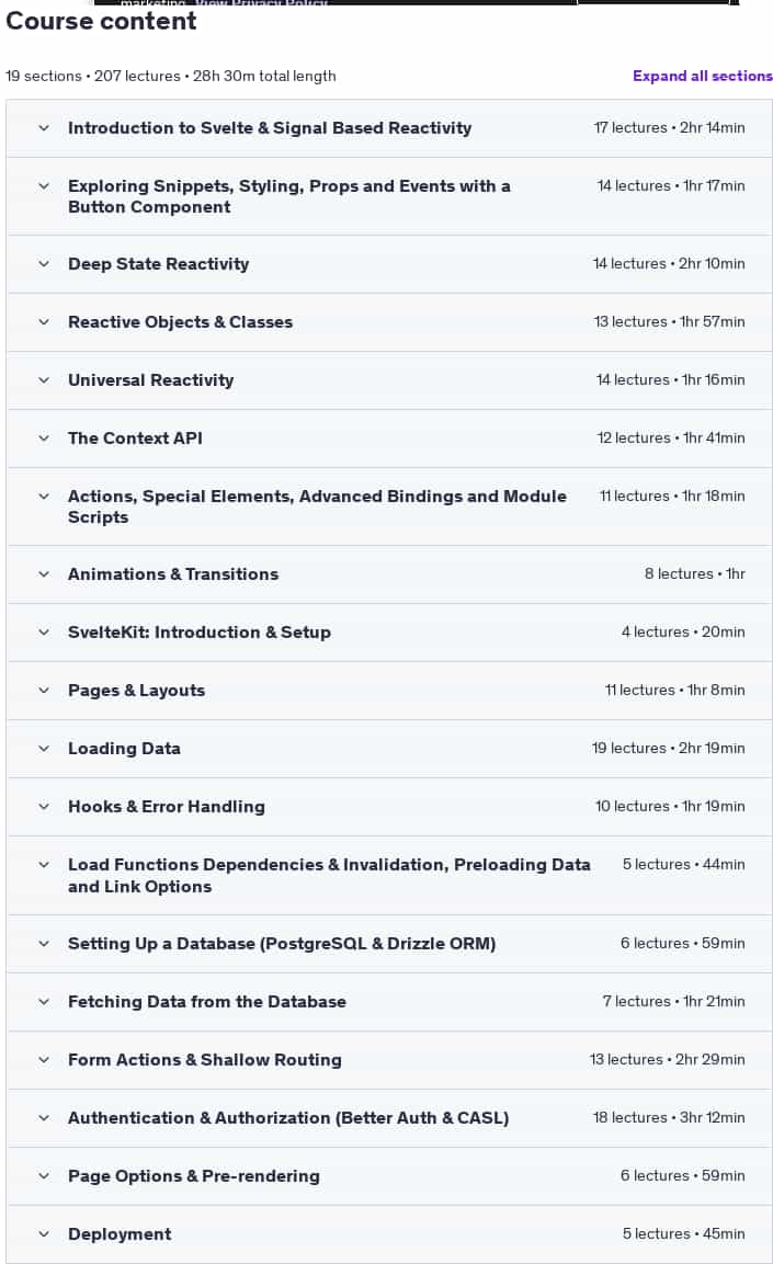 Course topics · Svelte & SvelteKit: The Complete Guide [2025 Update] 2025-7