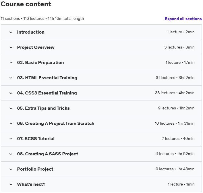 Course topics · Udemy — Build Responsive Websites with Modern HTML & CSS with Sass 2024-1