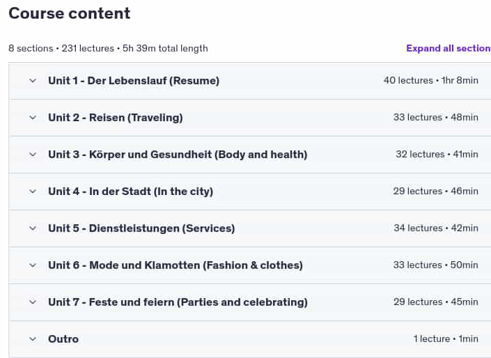 Course topics · Udemy — Best Way to Learn German Language: Beginner Level 2 (A1.2) 2024-11