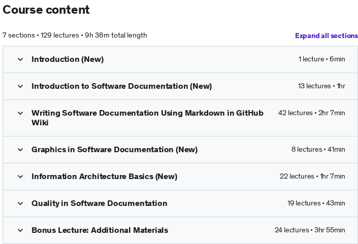 Course topics · Udemy — Technical Writing: How to Write Software Documentation 2022-10
