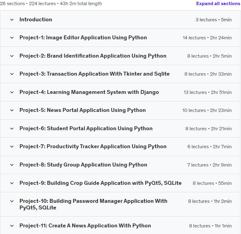 Course topics · Learn Python By Doing: 25 Real World Projects Masterclass 2021-11