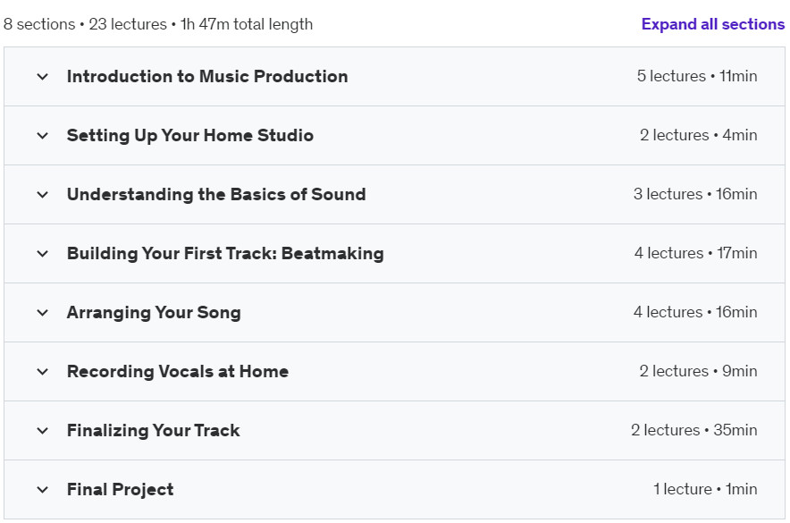 Course topics · Music Production For Beginners 2024-9