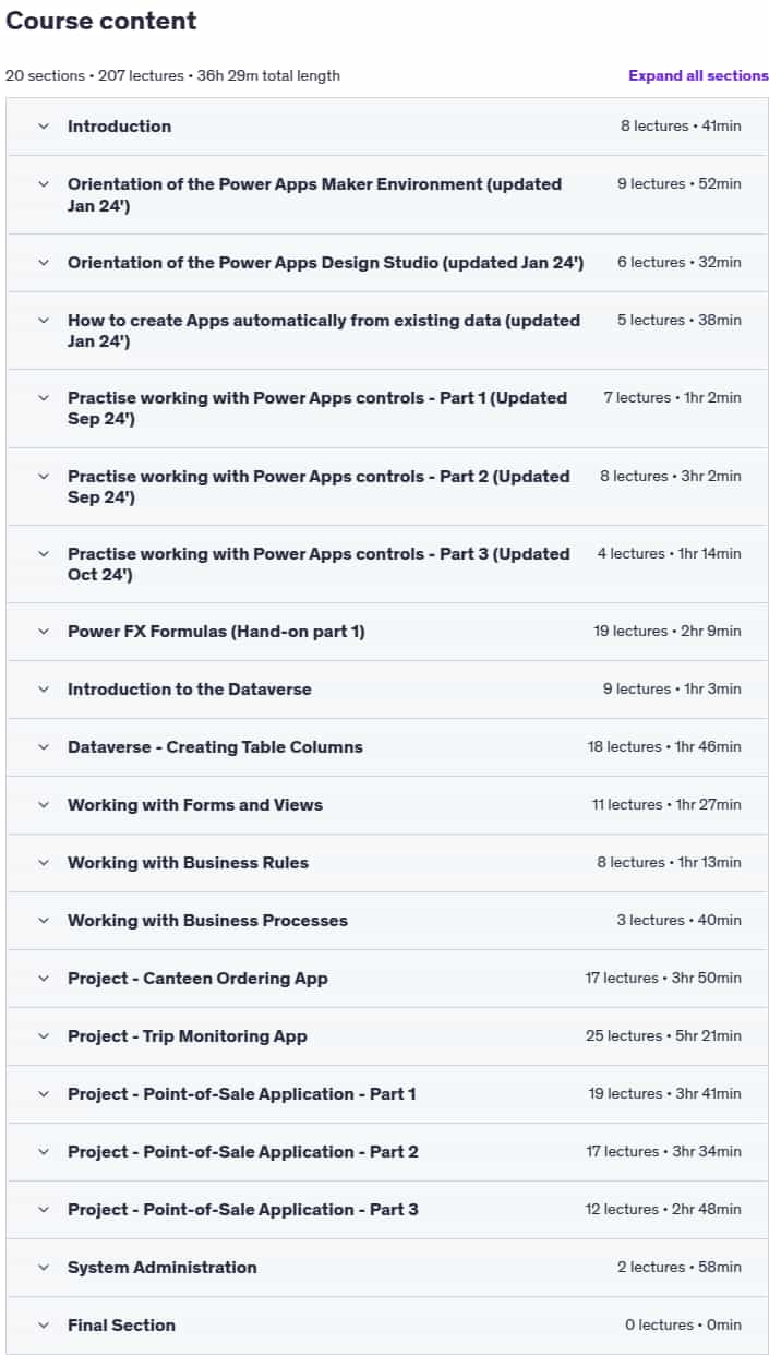 Course topics · Udemy — Power Apps for Beginners 2024-10