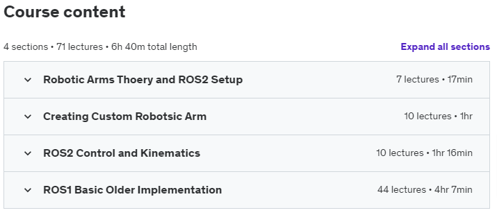 Course topics · Udemy — ROS2 Ultimate guide for Custom Robotic Arms and Panda 7 DOF 2024-7