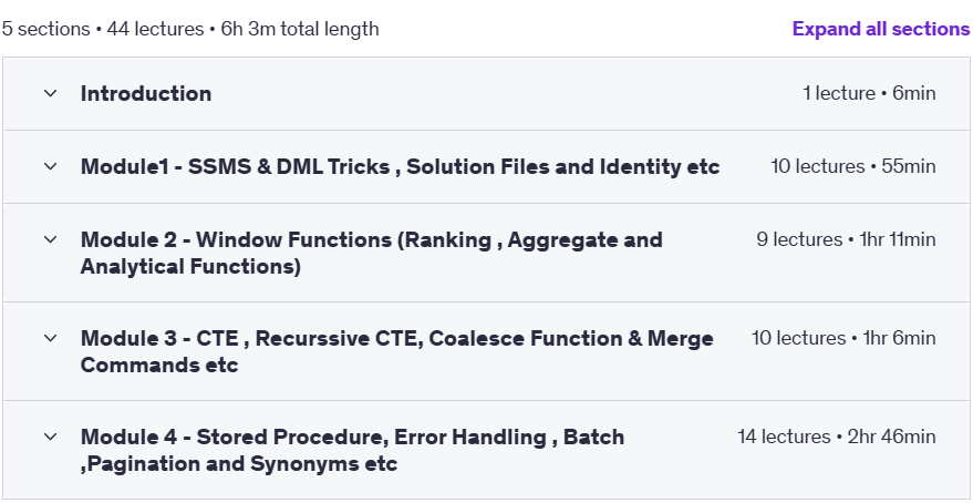 Course topics · Udemy — T-SQL Training with Real World Scenarios:Tricks of the Trade 2024-12