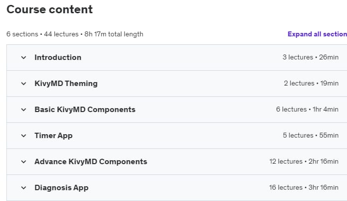 Course topics · Comprehensive Course on Python KivyMD | App/APKs with Python 2023-11