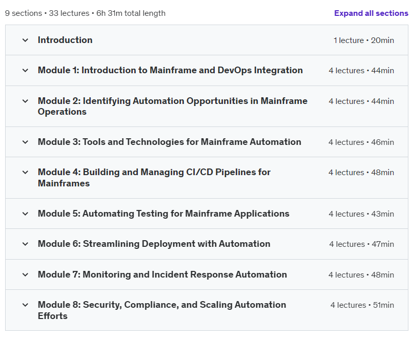 Course topics · Udemy — Automation: Mainframe Modernization with DevOps Mastery 2024-11