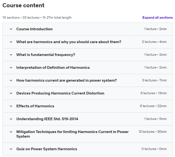 Course topics · Udemy — Introduction to Power System Harmonics 2021-12