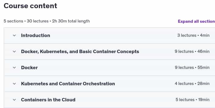 Course topics · Udemy — Beginner Introduction to Containers, Docker, and Kubernetes 2025-3