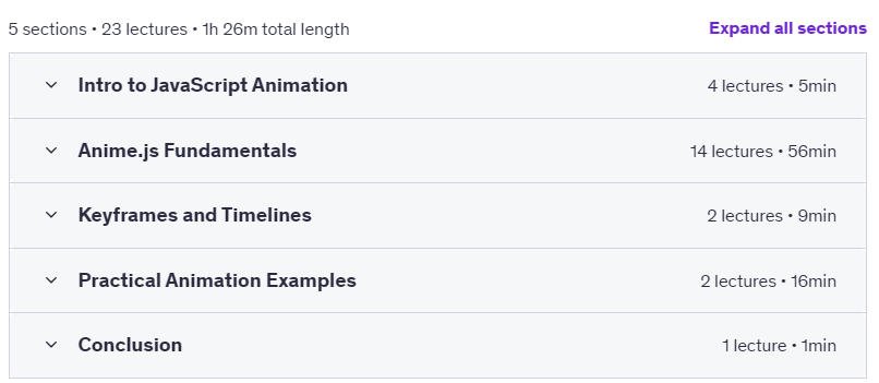 Course topics · Udemy — Introduction to JavaScript Animation with Anime.js 2018-9