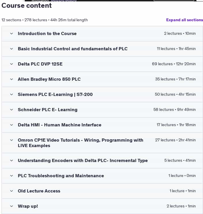 Course topics · Udemy — Learn 5 PLCs in a Day-AB, Siemens, Schneider, Omron & Delta 2025-1