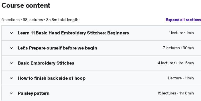Course topics · Udemy — 11 Basic Hand Embroidery Stitches 2022-10