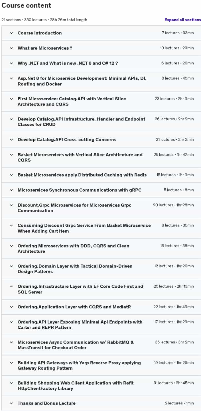 Course topics · Udemy — .NET 8 Microservices: DDD, CQRS, Vertical/Clean Architecture 2024-11/2025-11