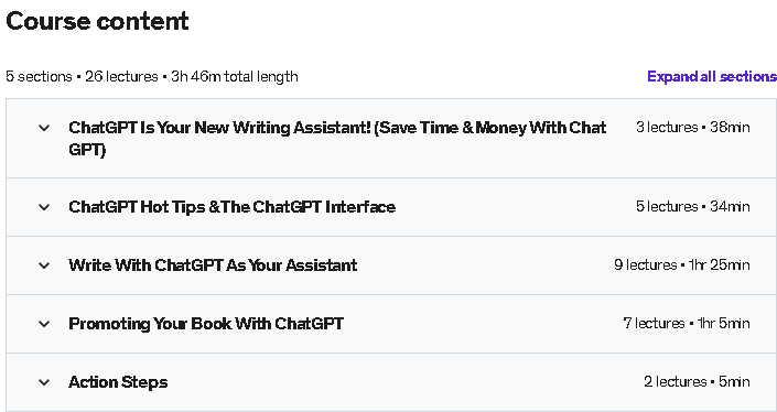 Course topics · Udemy — ChatGPT: Writing A Book With ChatGPT. ChatGPT AI & Books! 2023-3