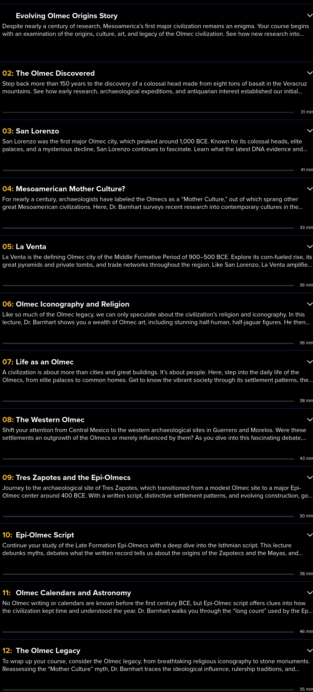 Course topics · The Great Courses — The Olmecs: Mesoamerica’s Mysterious First Civilization 2025-7