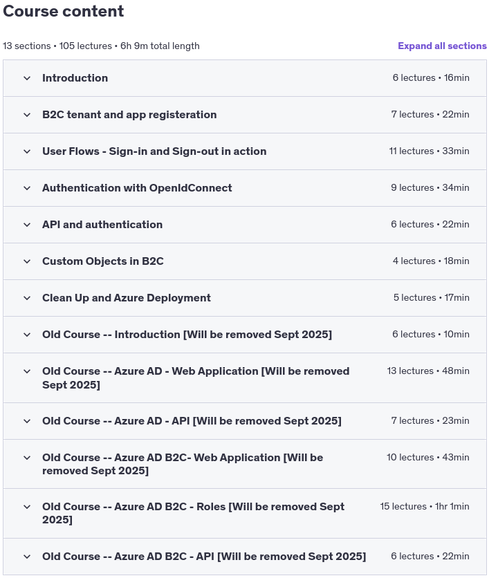 Course topics · Azure Active Directory for .NET Developers (AD and B2C) 2025-1