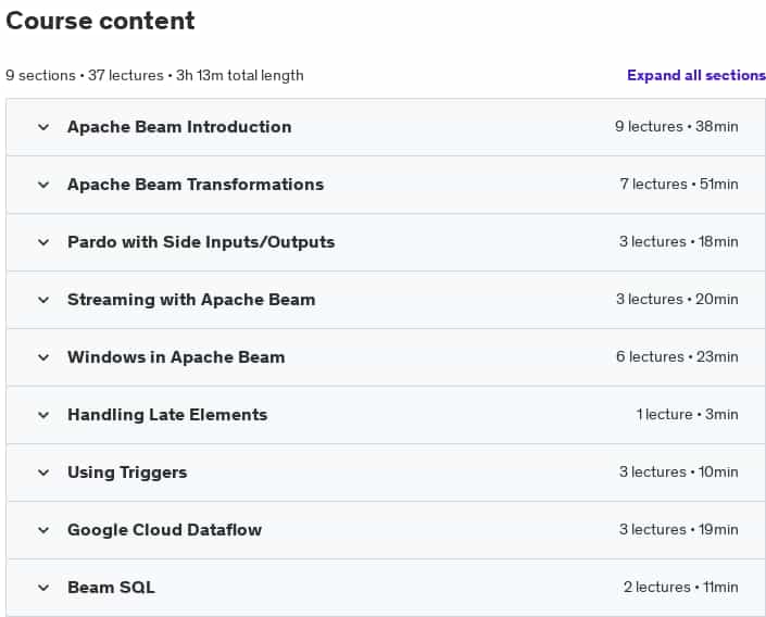 Course topics · Udemy — Apache Beam | Google Data Flow (Python) | Hands on course 2021-3