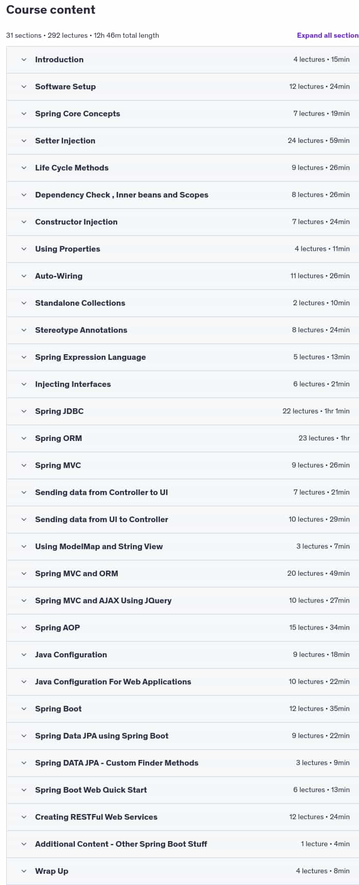 Course topics · Udemy — Spring Framework In Easy Steps 2025-4