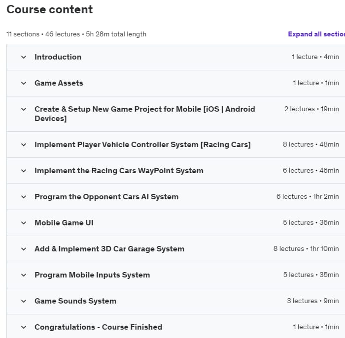 Course topics · Create a Driving Game | Unity & C# iOS & Android Game Making 2022-4