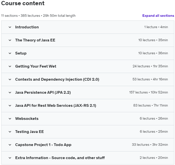 Course topics · Udemy — Java Enterprise Edition 8 for Beginners course 2021-8
