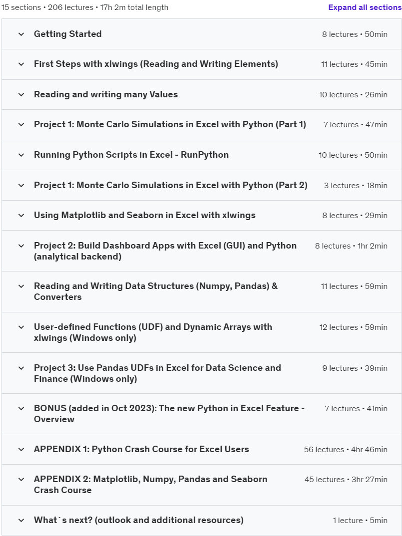 Course topics · Udemy — Python for Excel: Use xlwings for Data Science and Finance 2020-8