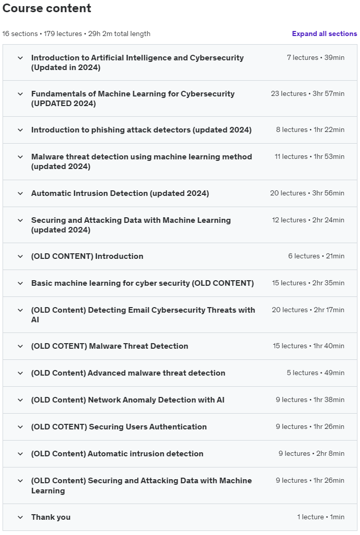 Course topics · Udemy — The Complete Artificial Intelligence for Cyber Security 2021-5