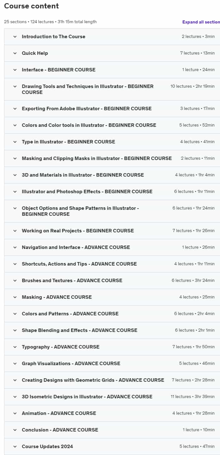 Course topics · Adobe Illustrator Mega Course – Beginner to Pro with AI 2024 2024-10
