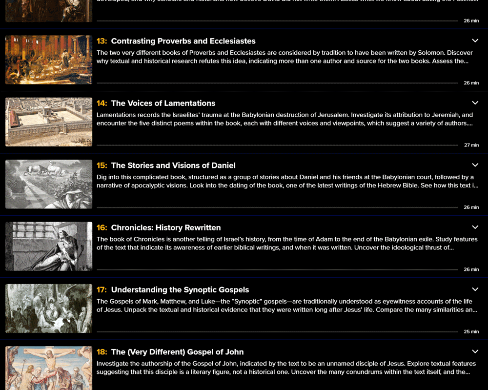 Course topics · The Great Courses Plus — Who Wrote the Bible? Searching for Its Origins and Authors 2025-11