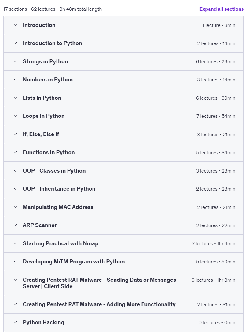 Course topics · Python Hacking | Real Ethical Hacking with Python | PYCEH23+ 2025-1