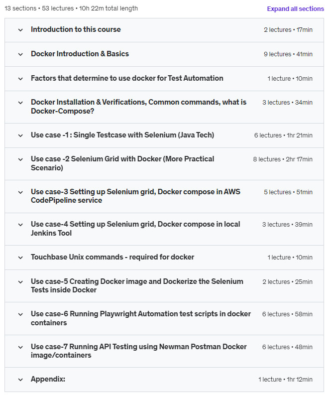 Course topics · Udemy — Docker | Test Automation – MasterClass (Beginner to Expert) 2023-9