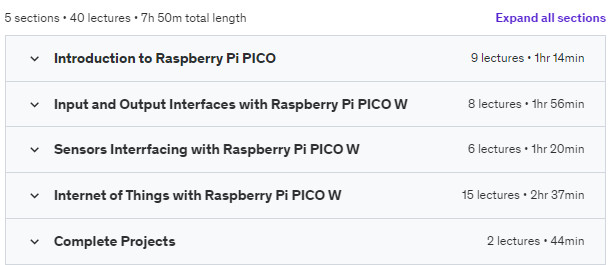 Course topics · Udemy — Learn IoT using Micropython and Raspberry Pi PICO W 2023-4