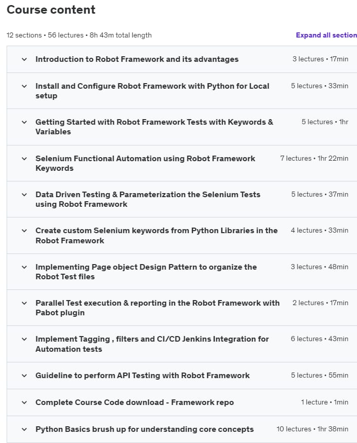 Course topics · Robot Framework with Python- Selenium/API Automation Testing 2023-11