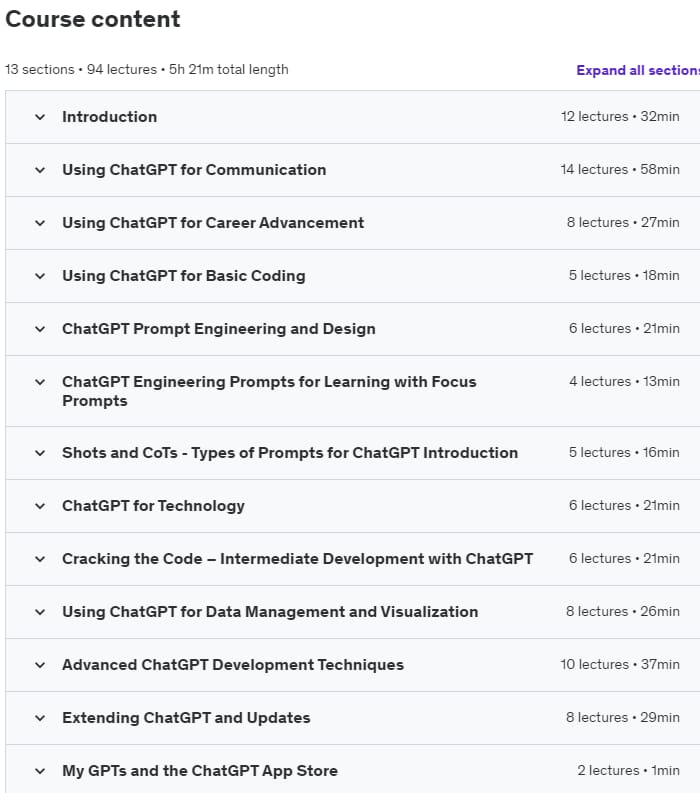 Course topics · Udemy — ChatGPT Complete Course – Prompt Engineering for ChatGPT 2023-8