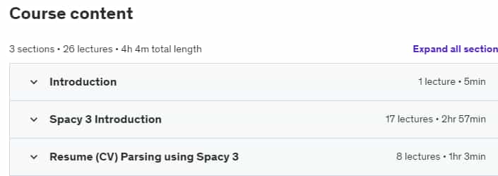 Course topics · Udemy — 2024 Introduction to Spacy for Natural Language Processing 2024-1