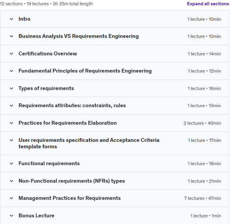 Course topics · Udemy — Requirements Engineering: Prioritize, Manage, and Succeed 2024-10