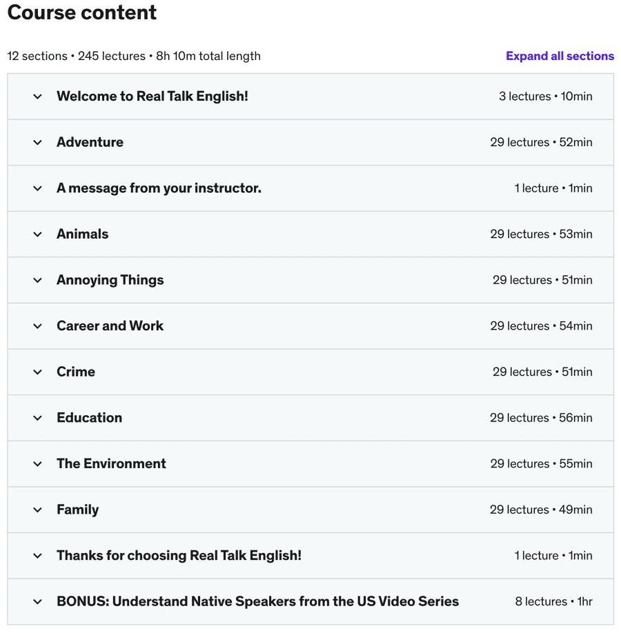 Course topics · Udemy — Real Talk-Practice Listening with Real English Conversations 2022-6