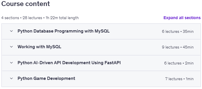 Course topics · Udemy — Python Masterclass: APIs, Databases, AI & PyGame Development 2025-11