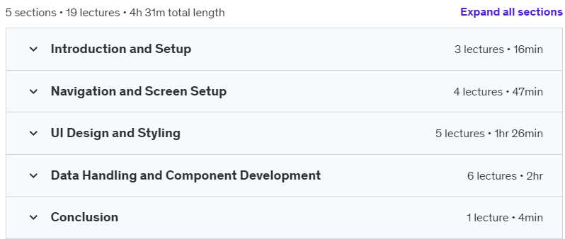 Course topics · Udemy — Build Watch Store App in React Native| Mastery React Native 2024-8