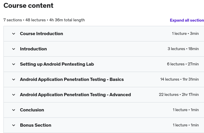 Course topics · Hacking and Pentesting Android Applications 2020-7
