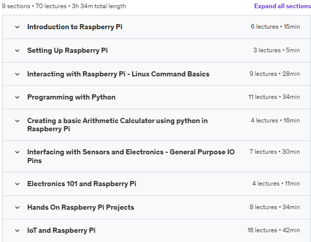Course topics · Udemy — Raspberry Pi Mastery 2023: Programming, Electronics and IoT. 2023-9