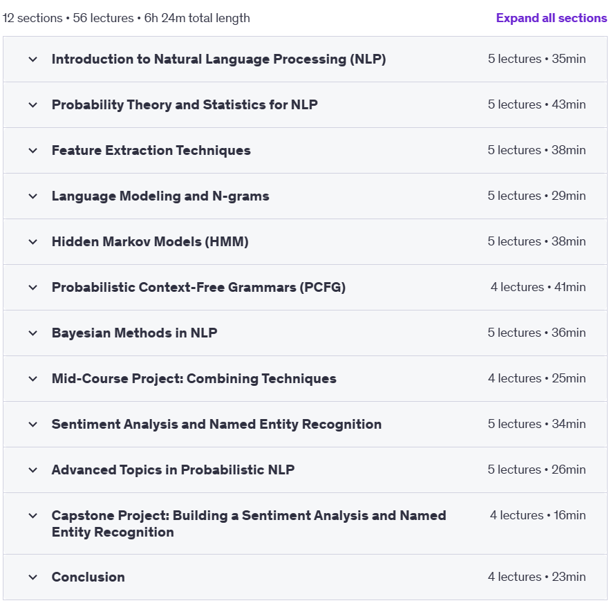Course topics · Udemy — NLP in Python: Probability Models, Statistics, Text Analysis 2025-2