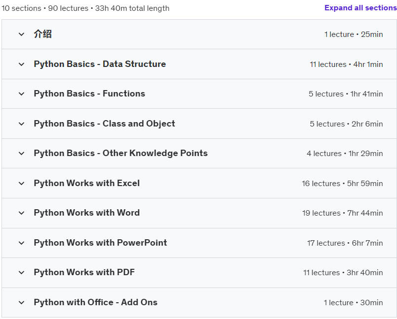 Course topics · Udemy — Let Python Meets Office (Excel, Word, PowerPoint, PDF) 2024-3