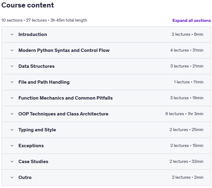 Course topics · Python Clean Code Mastery: Modern Python Coding Principles 2025-5
