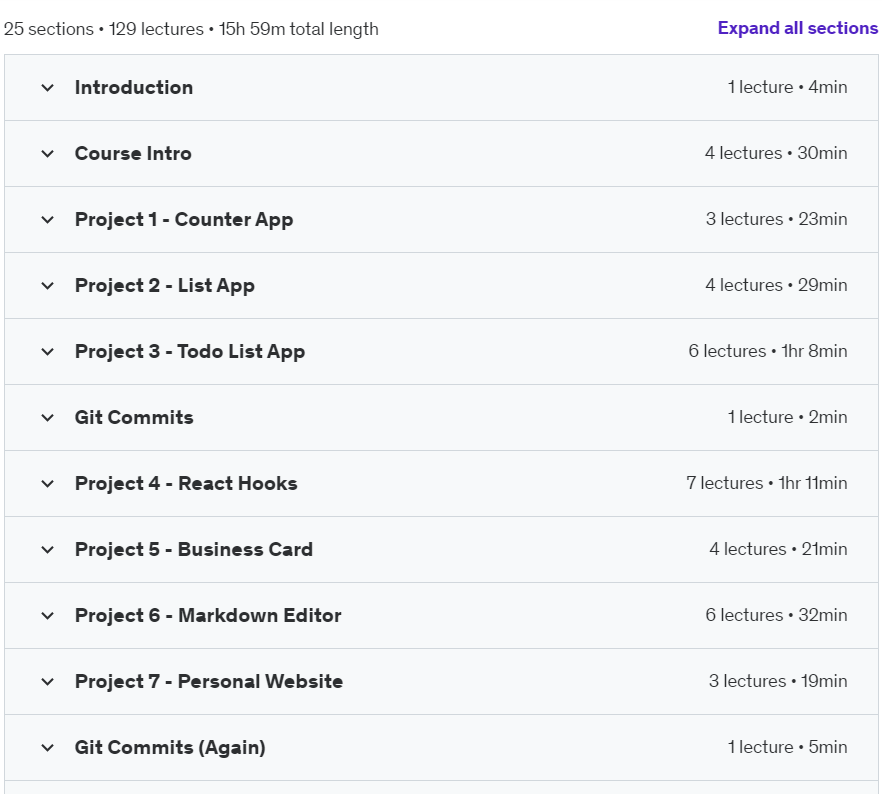 Course topics · Udemy — Let’s Build 20 ReactJs Projects 2024-7
