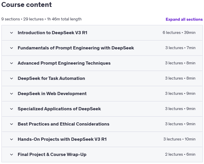 Course topics · Udemy — DeepSeek V3 R1 Mastery: AI Automation & Prompt Engineering 2025-2