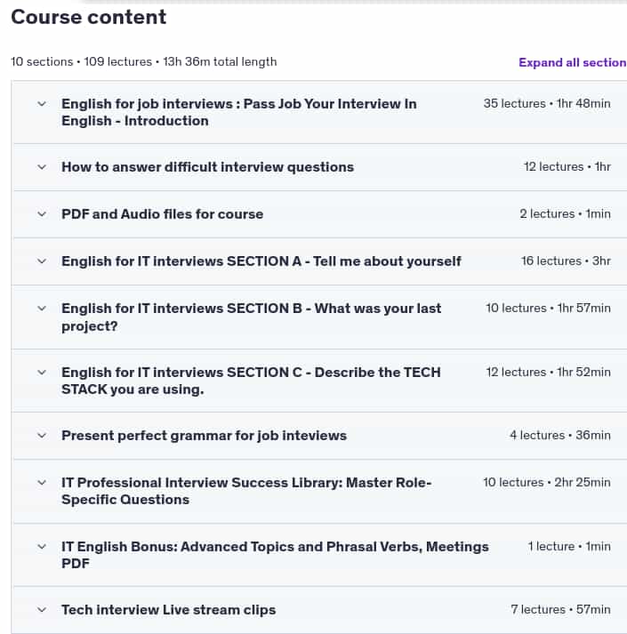 Course topics · Udemy — English for Job Interviews: Speak with Confidence 2025-6