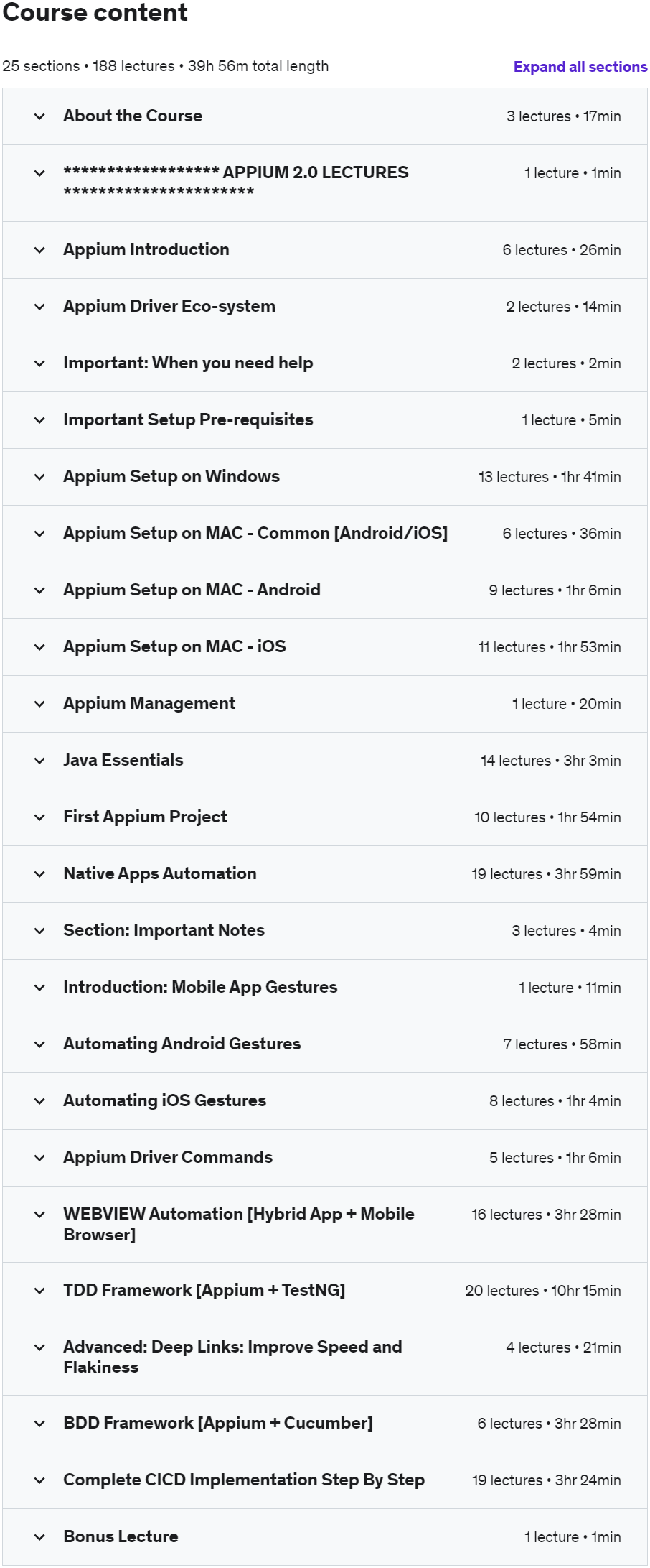 Course topics · Udemy — Appium Mobile Automation – Android & iOS + Frameworks + CICD 2023-6