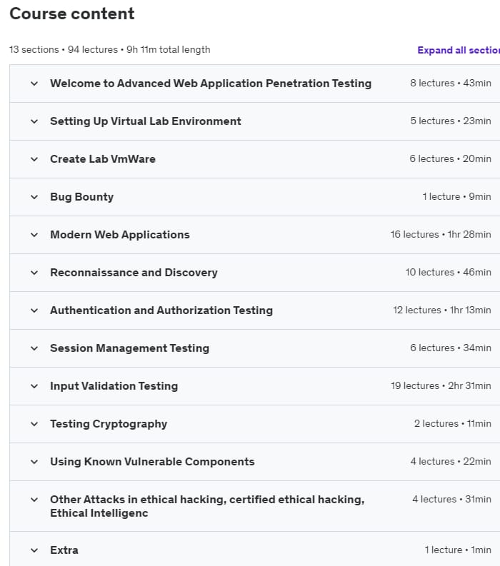 Course topics · Udemy — Complete Web Application Hacking & Penetration Testing 2023-10