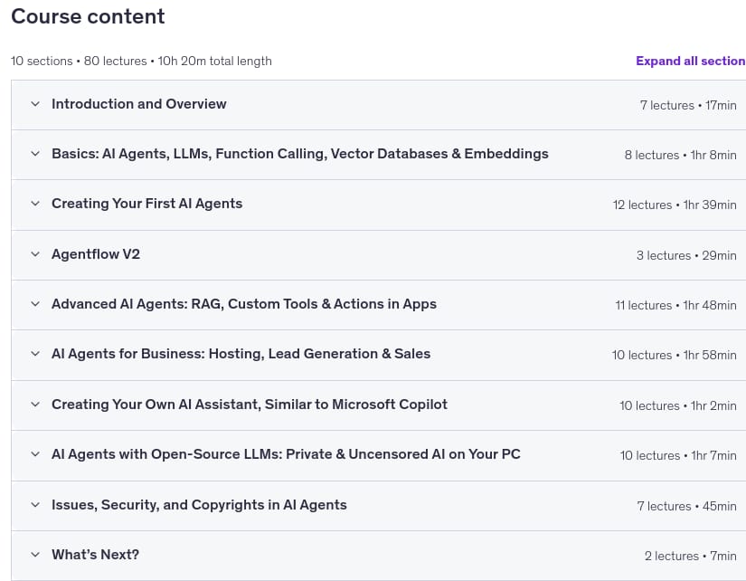 Course topics · Udemy — AI-Agents: Automation & Business with LangChain & LLM Apps 2026-7